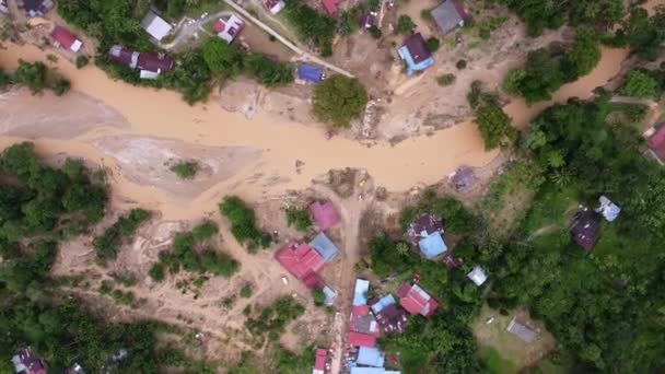 Aerial Top View Serious Flash Flood Destroy Bridge Road Village — Vídeos de Stock