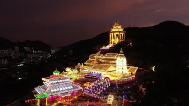 Ayer Itam, Penang, Malaysia - Feb 20 2022: Aerial view Kek Lok Si with illuminated led light in night