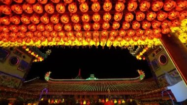 Ayer Itam, Penang, Malaysia - Feb 27 2022: Panning beautiful led Chinese lantern decoration in night at Kek Lok Si temple