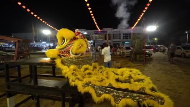 Butterworth Penang Malaysia Jan 2022 Man Play Fireworks Yellow Lion — Stockvideo