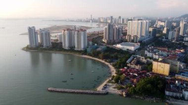 Tanjung Tokong, Penang, Malaysia - Mar 27 2022: Aerial view Tanjung Tokong beach and Tanjung Seri Pinang