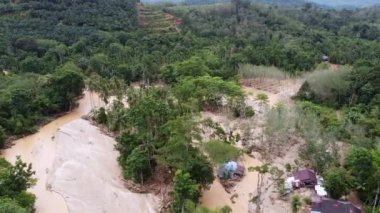 Aerial view flash flood scene at rural area in Malaysia