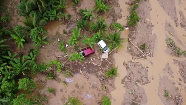 Top View Two Cars Wash Debris Mud Flash Flood Malaysia — Stockvideo