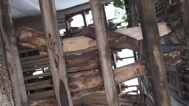 Slowly Move Forward Look Broken Ceiling Wooden Vintage House — Stock video