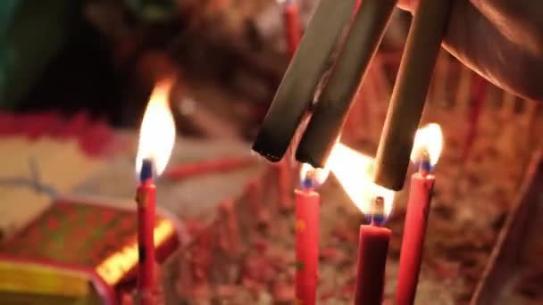 Select Focus Joss Paper Burn Fire Candle Chinese Temple — Stockvideo