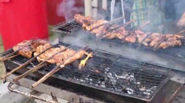 Grilled chicken in skewered cooked on charcoal fire. Delicious street food