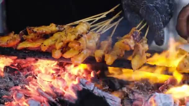 Satay Chicken Ingredient Red Fire Burn Charcoal Grilled People Delicious — Stock video