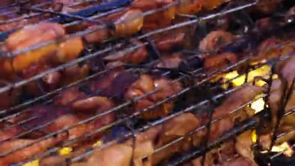 Grilled Chicken Ayam Golek Cooked Charcoal Fire Delicious Malaysia Street — Vídeo de Stock