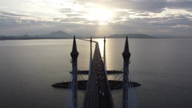 Georgetown, Penang, Malaysia - Feb 24 2022: Aerial view mid span of Penang Bridge in morning