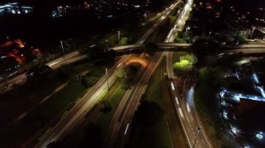 Aerial view light trail traffic at Highway Interchange Penang Bridge