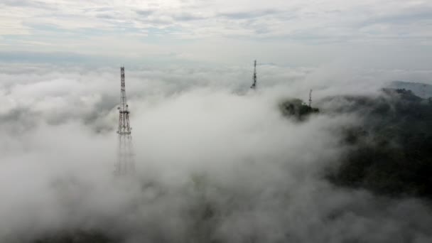 Aerial Fly Away View Foggy Cloud Cover Telecommunication Tower — Stockvideo