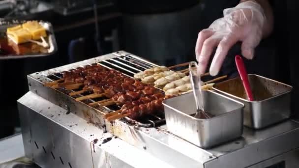 Select Focus Skewer Food Applied Sauce Cook Steel Grill — Stock Video