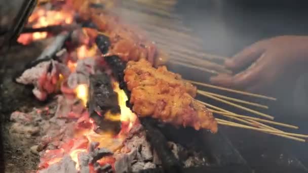 Φουσκωμένο Κοτόπουλο Satay Πάνω Από Κάρβουνο Μπάρμπεκιου Φωτιά Φλόγα Και — Αρχείο Βίντεο