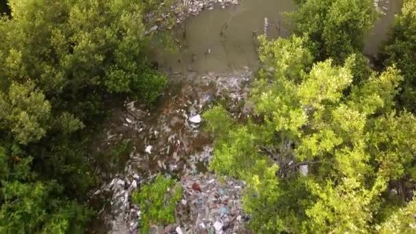 Aerial Top View Plastic Rubbish Trapped Water Environmental Pollution — Stock Video