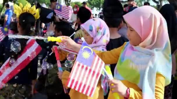 Georgetown Penang Malasia Ago 2022 Los Niños Sostienen Bandera Nacional — Vídeos de Stock