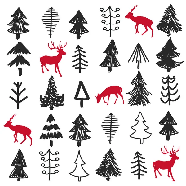 Padrão Sem Costura Com Árvore Natal Veados Ilustração Vetorial —  Vetores de Stock