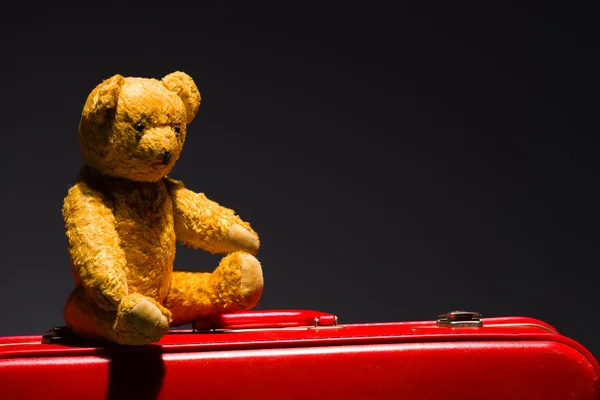 Little teddy and suitcase — Stock Photo, Image