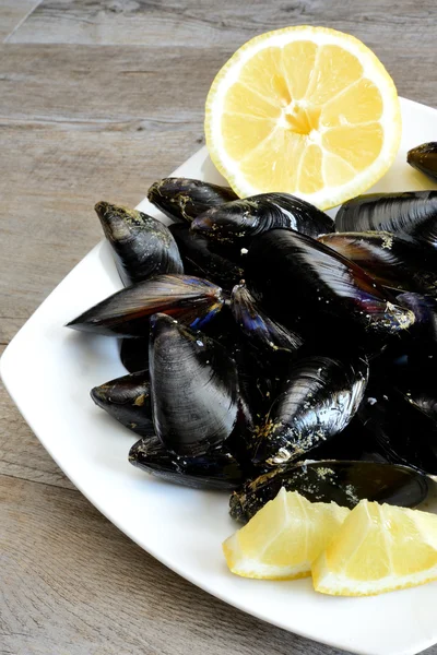 Limón y mejillones crudos — Foto de Stock