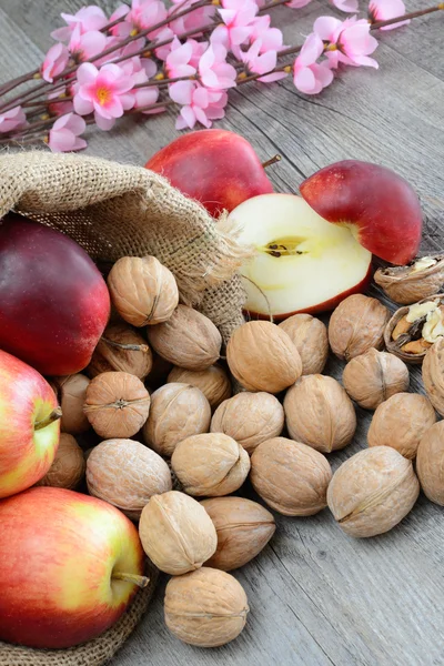 Орехи и яблоки — стоковое фото