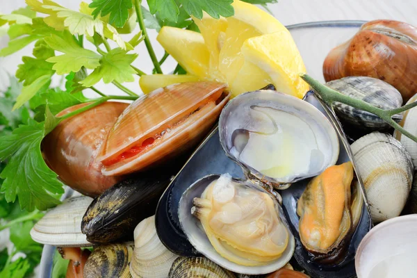 Mariscos crudos llamados fasolari con mejillones y almejas — Foto de Stock