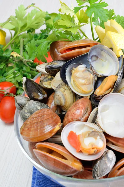 Rohe Meeresfrüchte namens Fasolari mit Muscheln und Venusmuscheln — Stockfoto
