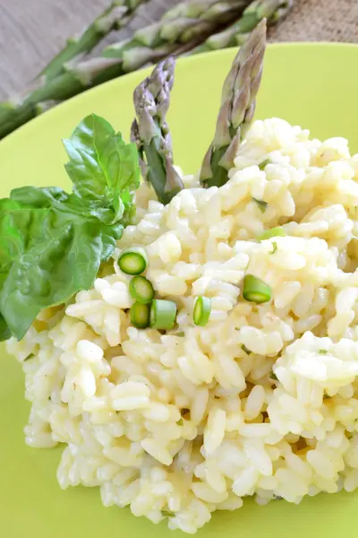 Rice by asparagus cream — Stock Photo, Image