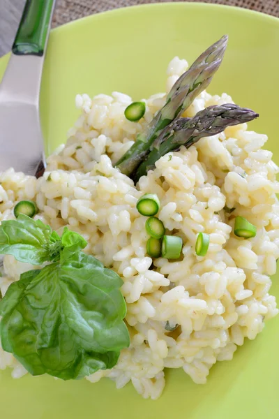Rice by asparagus cream — Stock Photo, Image
