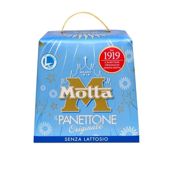 Italien December 2020 Traditionell Italiensk Panettone Pack Motta Vit Bakgrund — Stockfoto