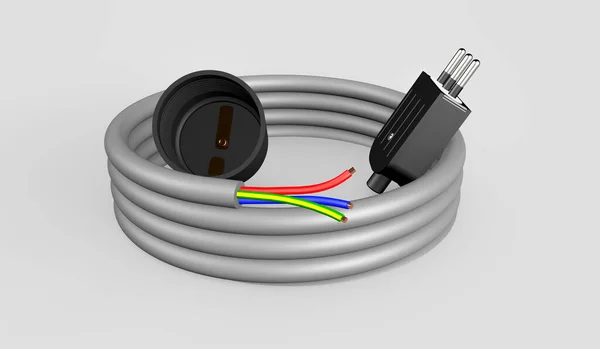 Återgivning Spiralen Tre Polig Elektrisk Kabel Med Stickpropp — Stockfoto