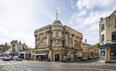 Colonnaded 18th century building housing the Akash Indian restaurant in Chippenham, Wiltshire, UK on 13 May 2022