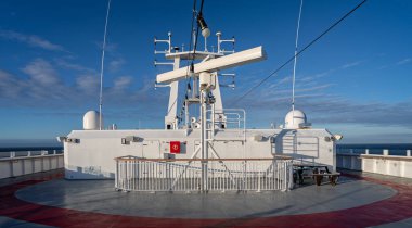 Radar equipment on the top dezk of Hurtigruten's ship MS Fridtjof Nansen In the Denmark Strait on 11 July 2022