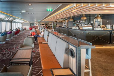 Explorers Lounge and bar on Hurtigruten's ship MS Fridtjof Nansen In the Denmark Strait on 11 July 2022