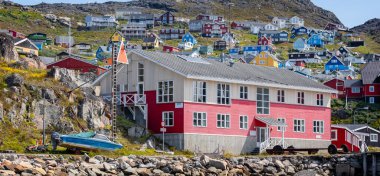 Colourful architecture and buildings in small town of  Qaqortoq, Greenland on 13 July 2022