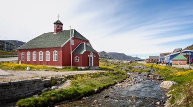 Saviors church with river running alongside in Qaqortoq, Greenland on 13 July 2022