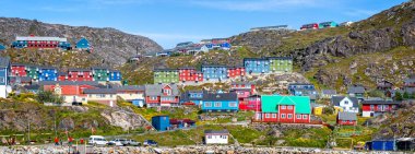 Panoramic view of multi coloured architecture and buildings in small town of  Qaqortoq, Greenland on 13 July 2022