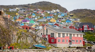 Colourful architecture and buildings in small town of  Qaqortoq, Greenland on 13 July 2022