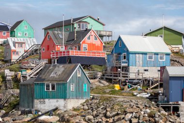 Colourful architecture and buildings in small town of  Maniitsoq, Greenland on 15 July 2022