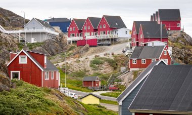 Multi coloured architecture and buildings in small town of  Sisimiut, Greenland on 13 July 2022