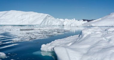 White and dazzling blue icebergs floating in the Ilulissat Icefjord in Greenland