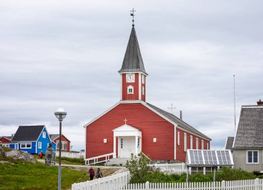 Church of our Saviour - iconic red wood building in Nuuk, Greenland on 20 July 2022