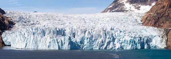 Panorama of the huge face of a craggy glacier in Prince Christian Sound, South Greenland