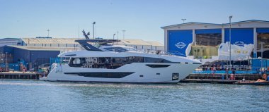 Sunseeker luxury yachts under construction in Poole Harbour, Dorset, UK on 11 August 2022