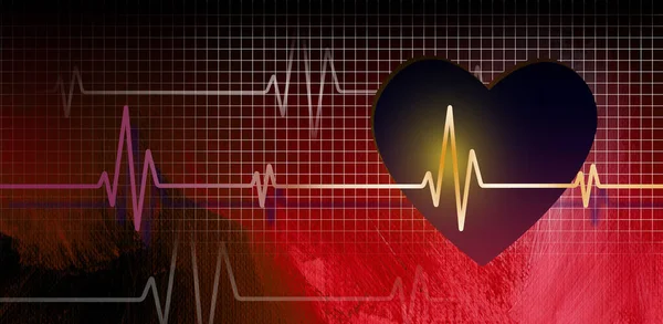 赤い抽象的なブラシストロークテクスチャの背景とグリッドに対する医療Ekgハートビートのグラフィックデザイン 健康と心臓関連のテーマやプレゼンテーションでの使用 — ストック写真