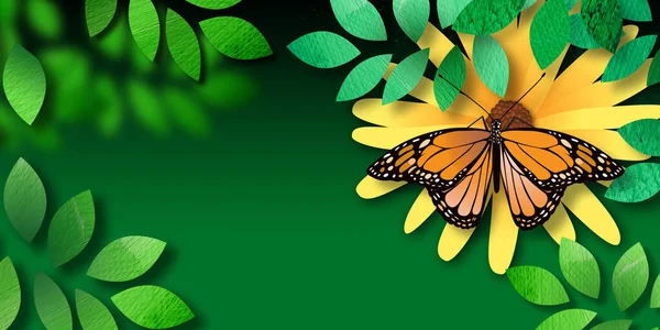 Graphic Art Composition Iconic Monarch Butterfly Stylistic Leaves Flowers Peaceful — Stok fotoğraf