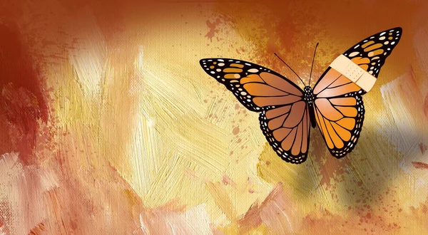 抽象的な背景に包帯負傷翼を持つ象徴的な君主蝶のグラフィックデザイン リハビリや回復の隠喩のテーマのための芸術を使用してください — ストック写真