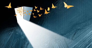 Conceptual graphic illustration of golden butterflies in flight bursting through open door against hand painted abstract brush stroke background. Use for themes of freedom, imagination and change.