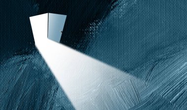 Conceptual graphic illustration of open door and bright light spilling through designed with abstract hand painted brushstrokes. Use for themes of opportunity, mystery and freedom, etcetera.