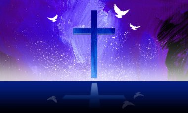 Graphic design of iconic Christian cross of Jesus Christ with symbolic three doves on purple brush stroke background. Use for Christian, Easter, forgiveness themes.
