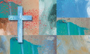 Graphic design of iconic Christian cross of Jesus Christ with subtle splatter of sacrificial blood against blue brush stroke grid background. Use for Christian, Easter, forgiveness themes.