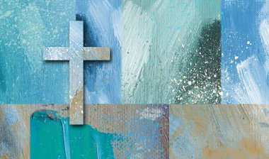 Graphic design of iconic Christian cross of Jesus Christ against blue brush stroke grid background. Use for Christian, Easter, grace, forgiveness themes.